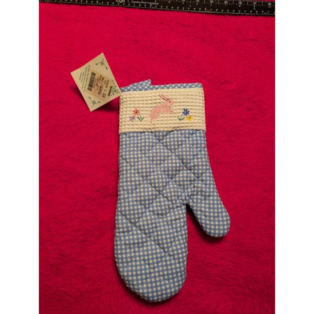 JABARA Blue Gingham Quilted Oven Mitt Pink Bunny Embroidered Spring Easter VTG